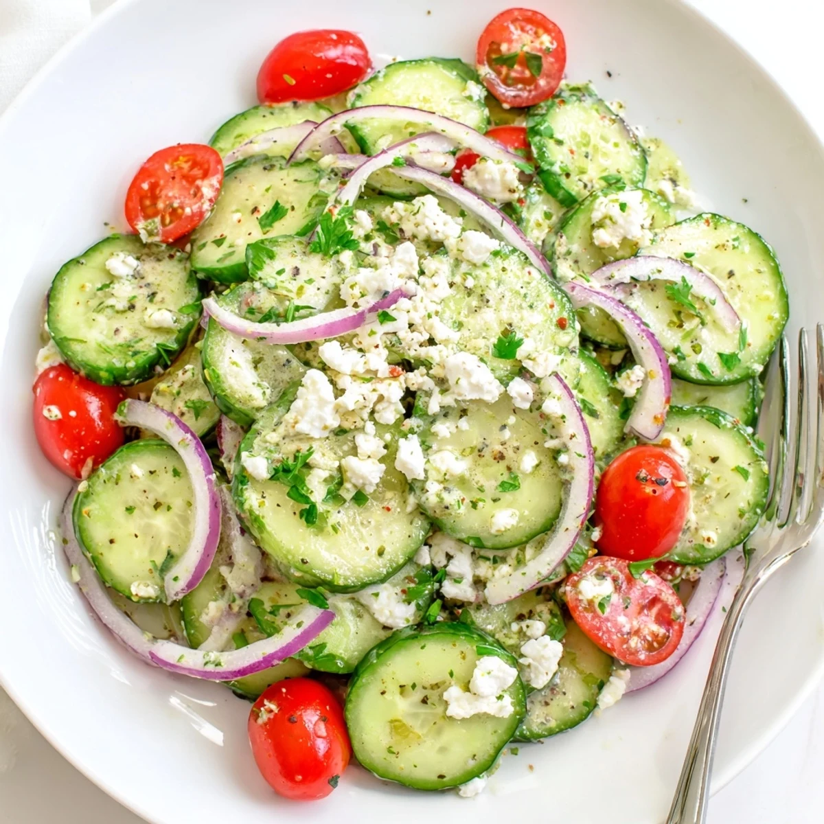 Cucumber Feta Salad With Lemon Greek Vinaigrette glistening with olive oil, bright citrus