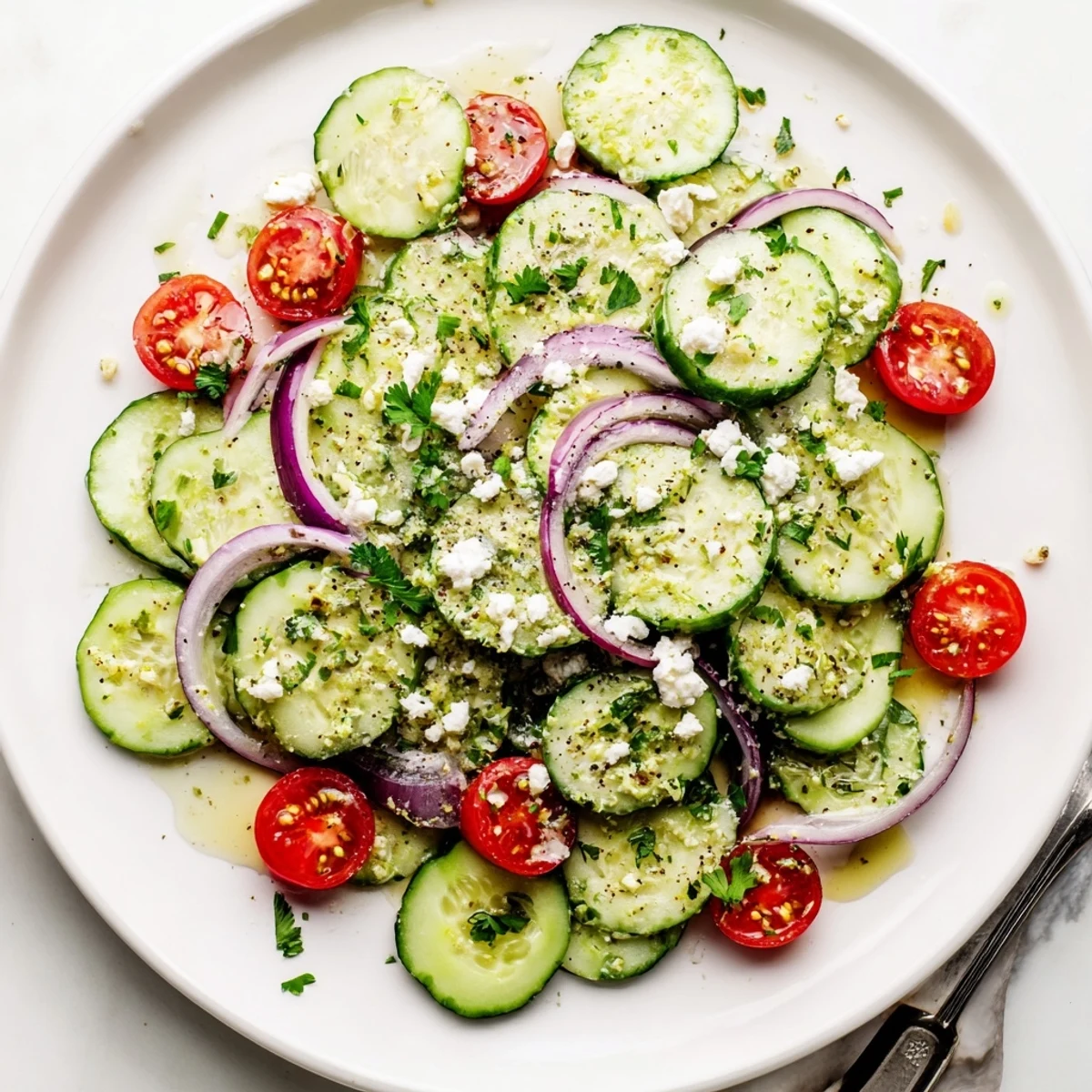 Chilled Cucumber Feta Salad With Lemon Greek Vinaigrette tossed with crunchy cucumbers, creamy feta