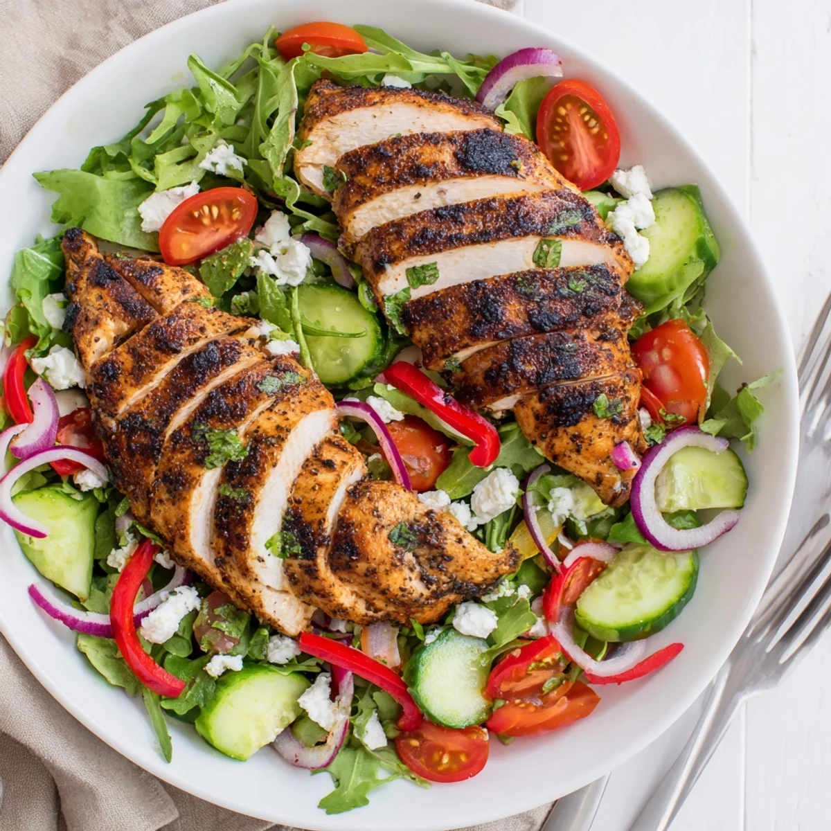 Grilled Chicken Salad Avocado Herb Dressing Recipe with juicy sliced chicken and crisp greens.