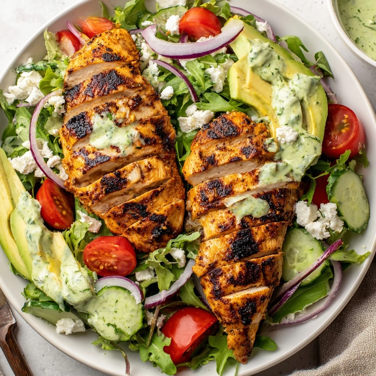 Serve Grilled Chicken Salad Avocado Herb Dressing Recipe with chilled Sauvignon Blanc and lime.