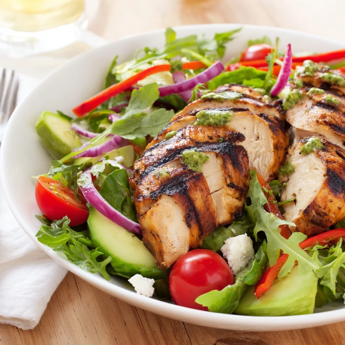 Smoky chicken slices, crisp vegetables, Grilled Chicken Salad Avocado Herb Dressing Recipe.