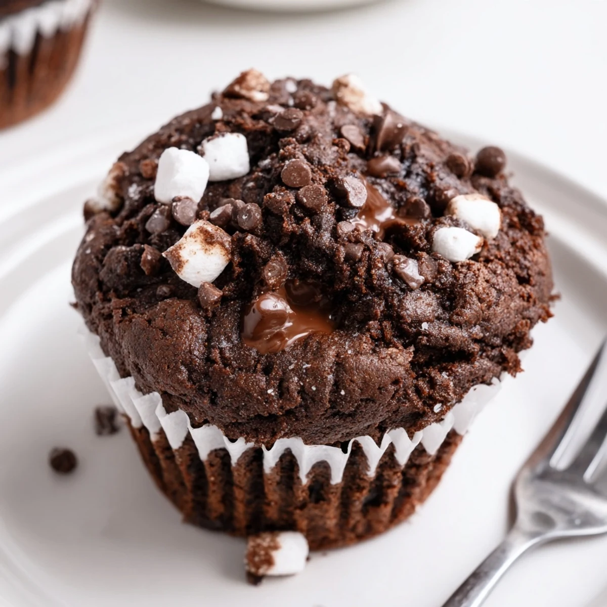 Peppermint Hot Chocolate Muffins with melty chocolate chips and crushed peppermint topping