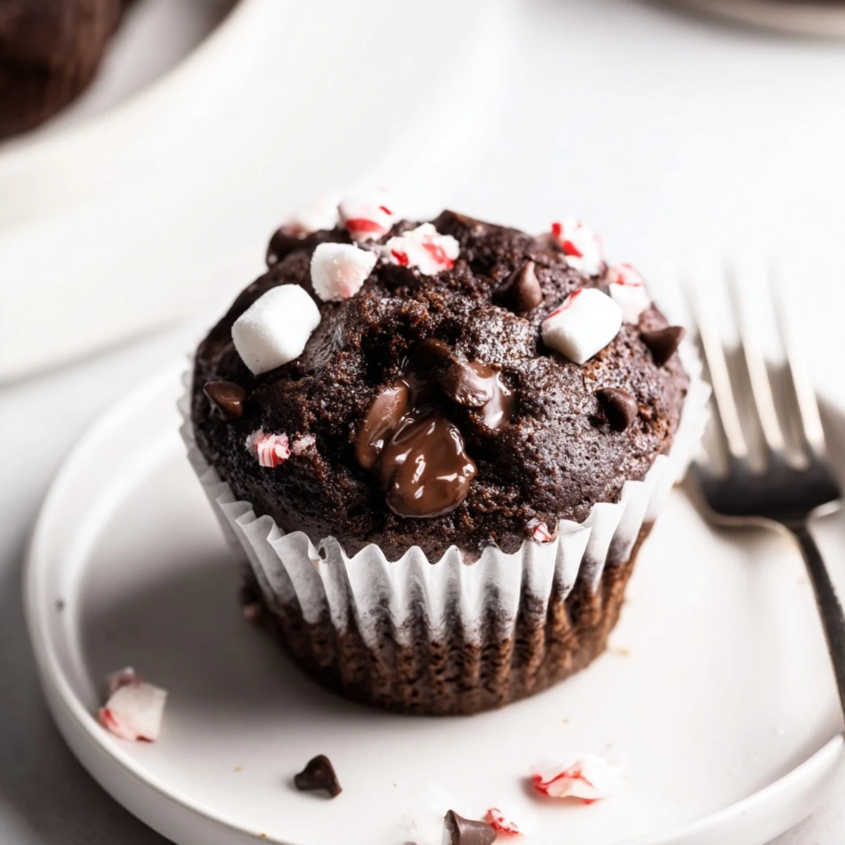 Warm Peppermint Hot Chocolate Muffins served with whipped cream and cocoa dust