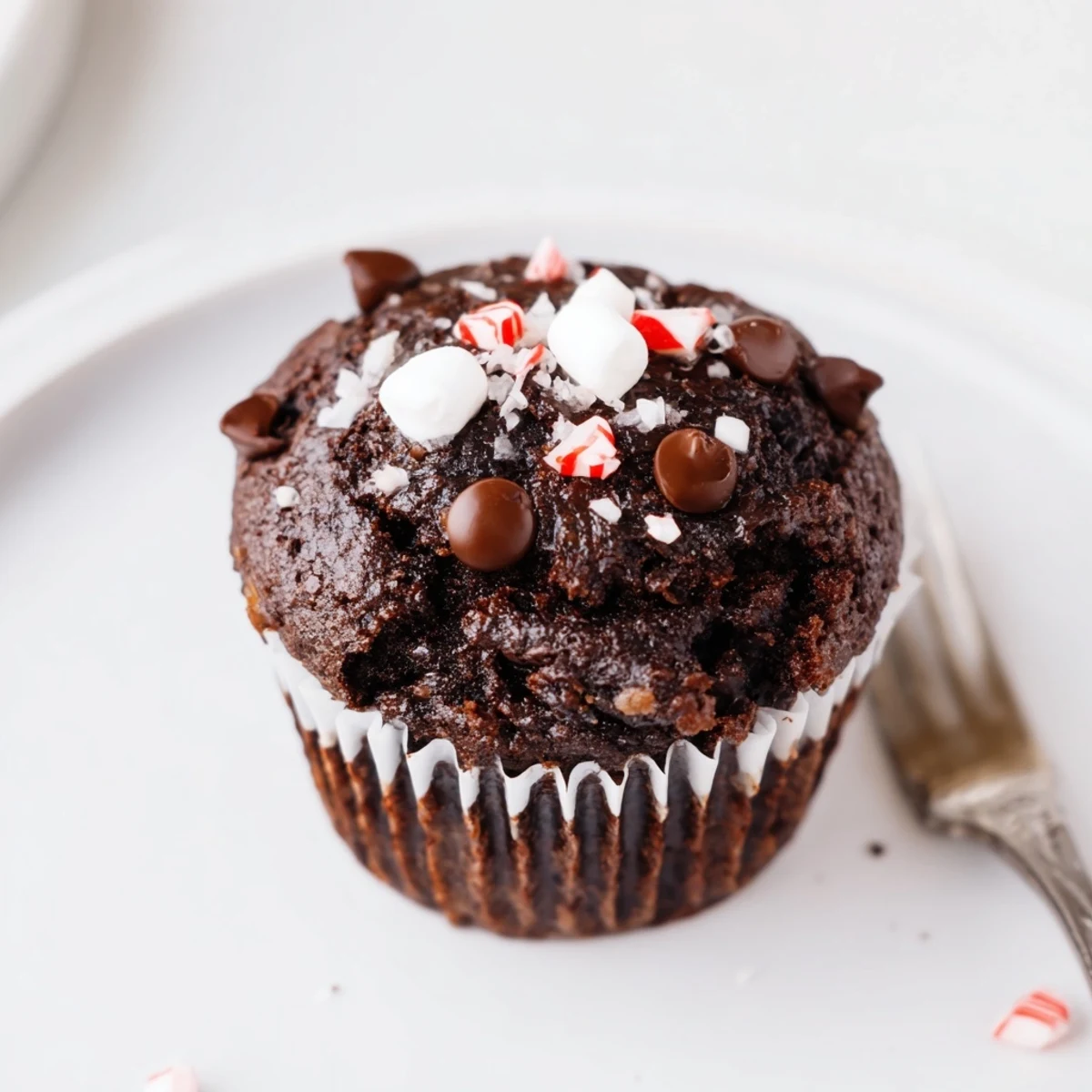 Freshly baked Peppermint Hot Chocolate Muffins cooling on a wire rack