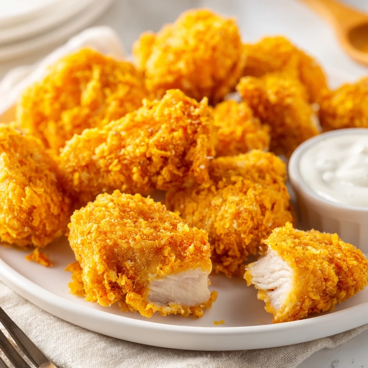 Buttermilk marinated Chicken Bites frying to a crunchy crust, served with ranch.