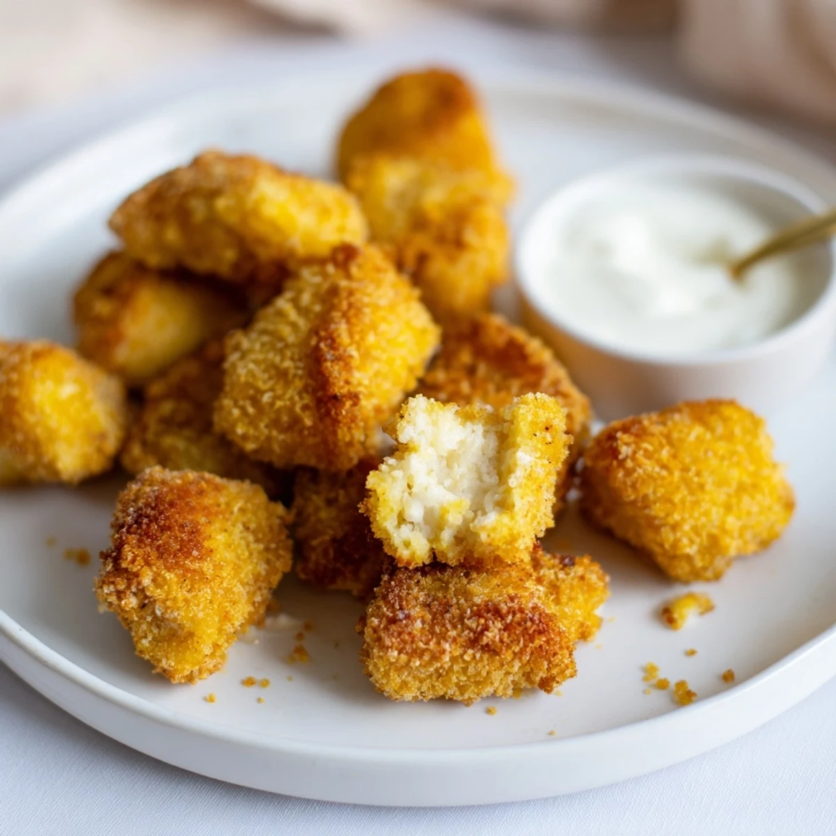 Crispy golden Chicken Bites piled on paper towels, steam rising, dipping sauce.