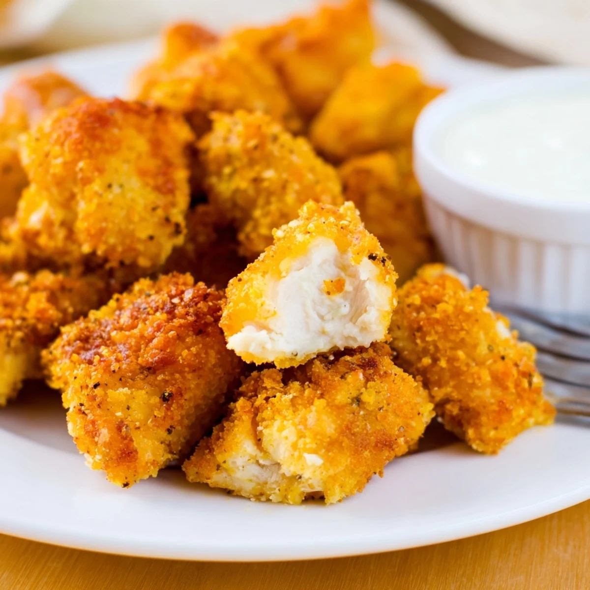 Warm Chicken Bites glistening, seasoned crust, great for parties or snacking.