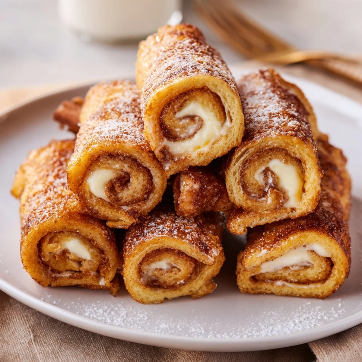 Warm Cinnamon Roll French Toast Roll Ups oozing cream cheese, sugared and skillet-fried