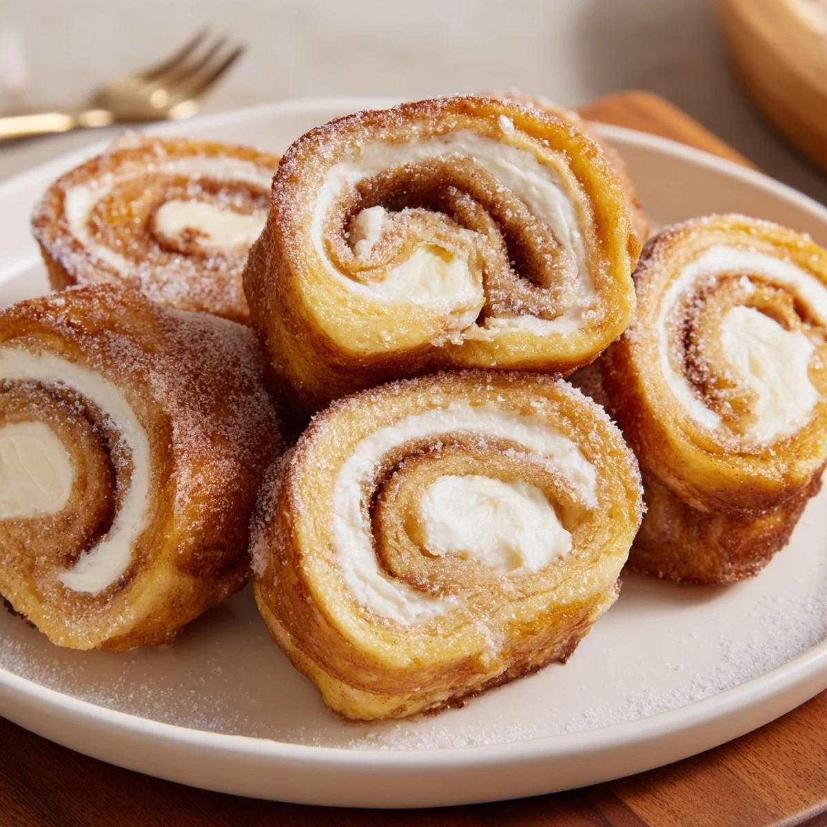 Cinnamon Roll French Toast Roll Ups golden, cinnamon-crusted, served with warm maple syrup