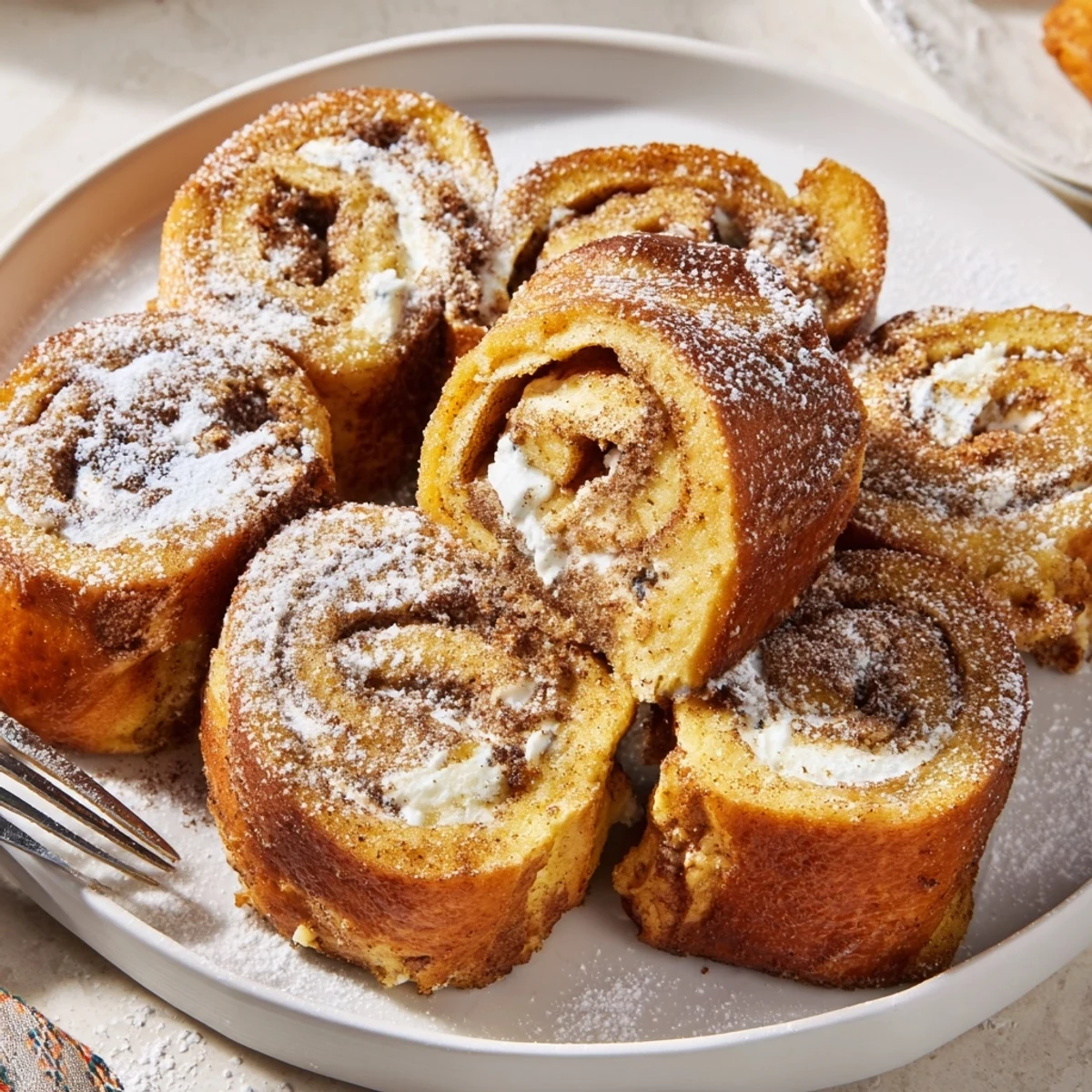 Cinnamon Roll French Toast Roll Ups brunch bites, buttery exterior sprinkled with powdered sugar
