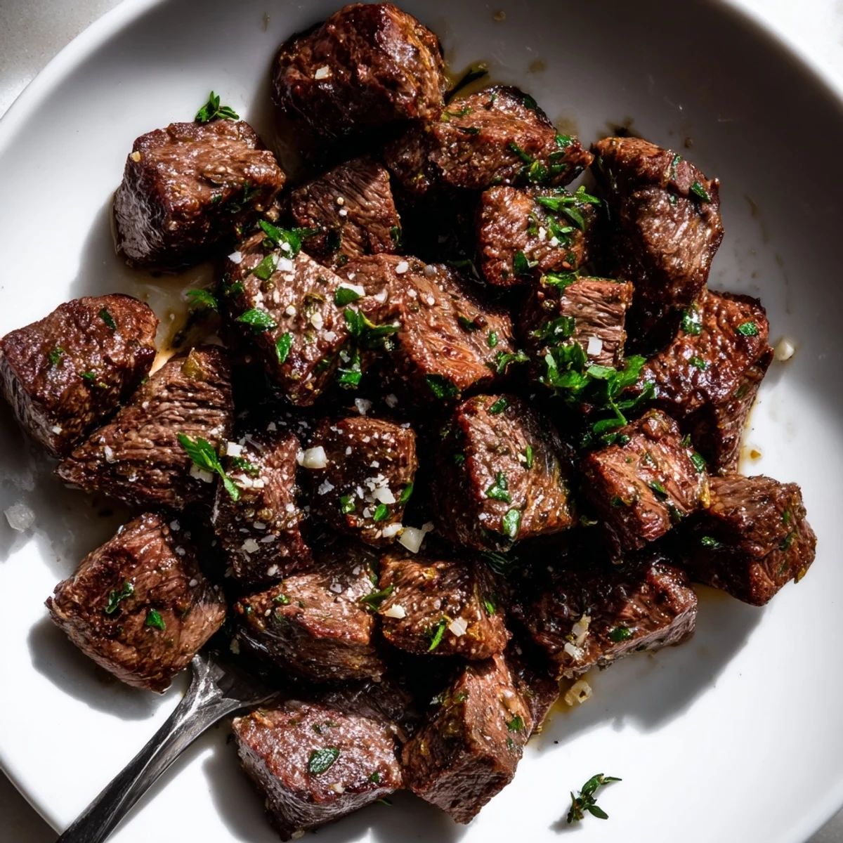 Garlic Butter Steak Bites sizzling in a cast-iron skillet, glossy garlic sauce