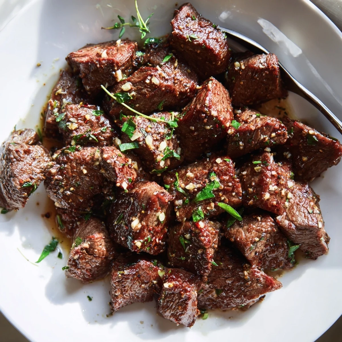 Pan-seared Garlic Butter Steak Bites piled on platter, sprinkled with parsley