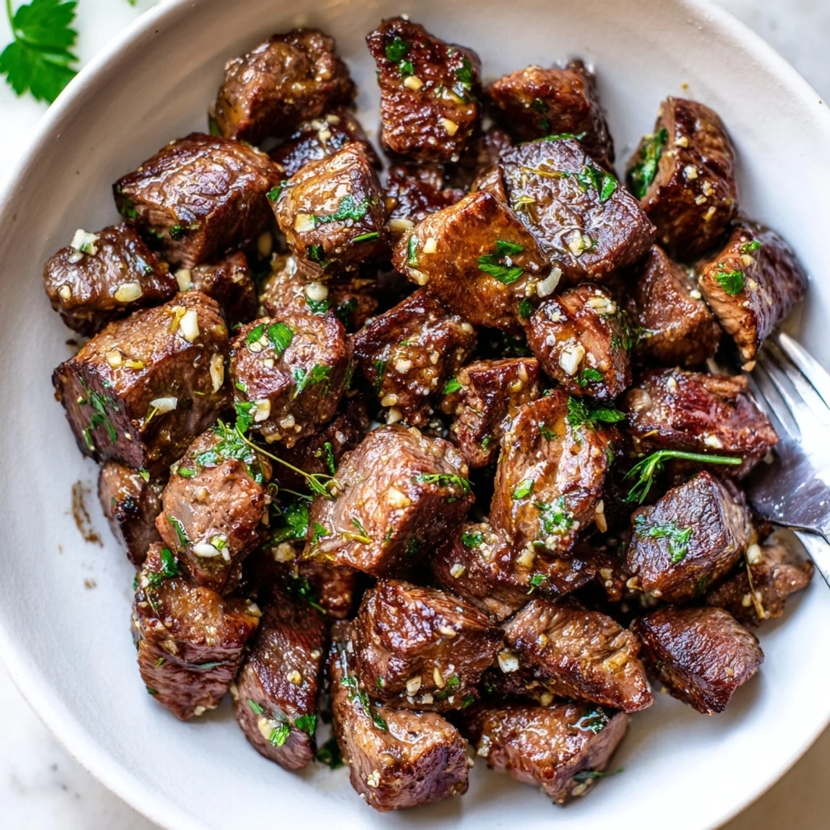 Garlic Butter Steak Bites tender, juicy cubes served with crusty bread for dipping