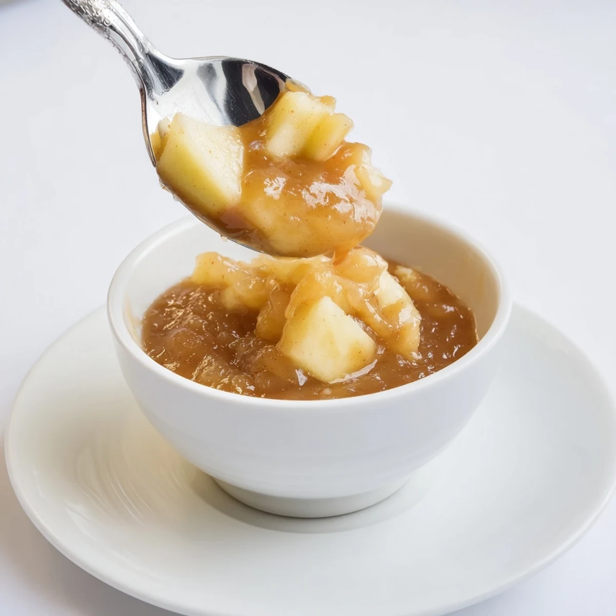 Fall Caramel Apple Jam glistening in jar, golden chunks and cinnamon aroma