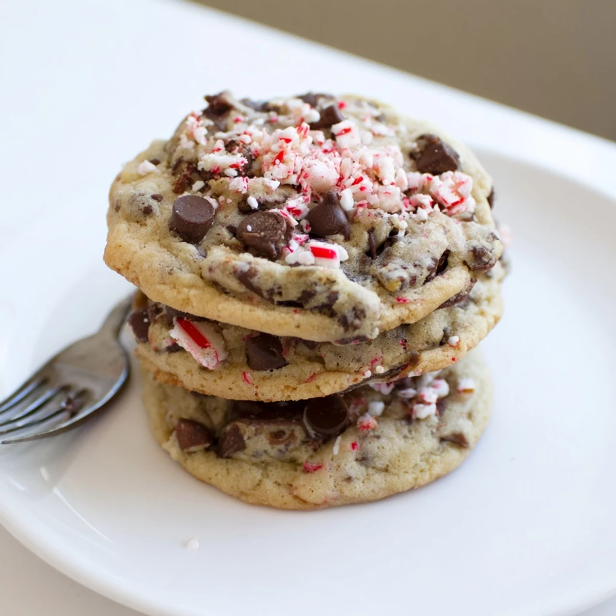 Peppermint Chocolate Chip Cookies cooling on a rack, glossy chips and crushed peppermint  