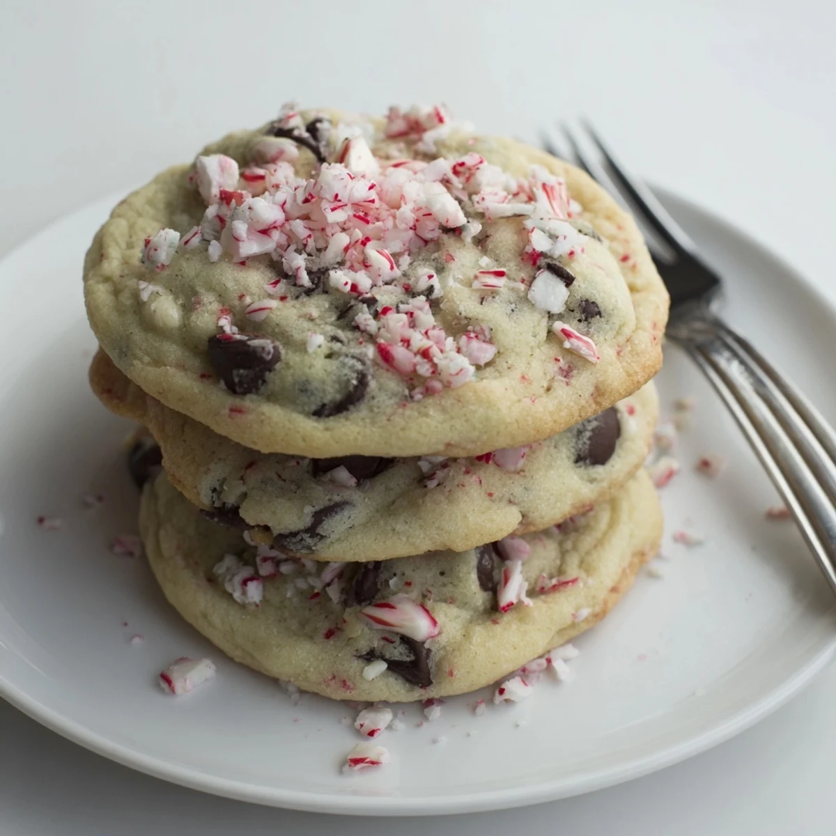 Warm Peppermint Chocolate Chip Cookies speckled with candy cane, served with milk  