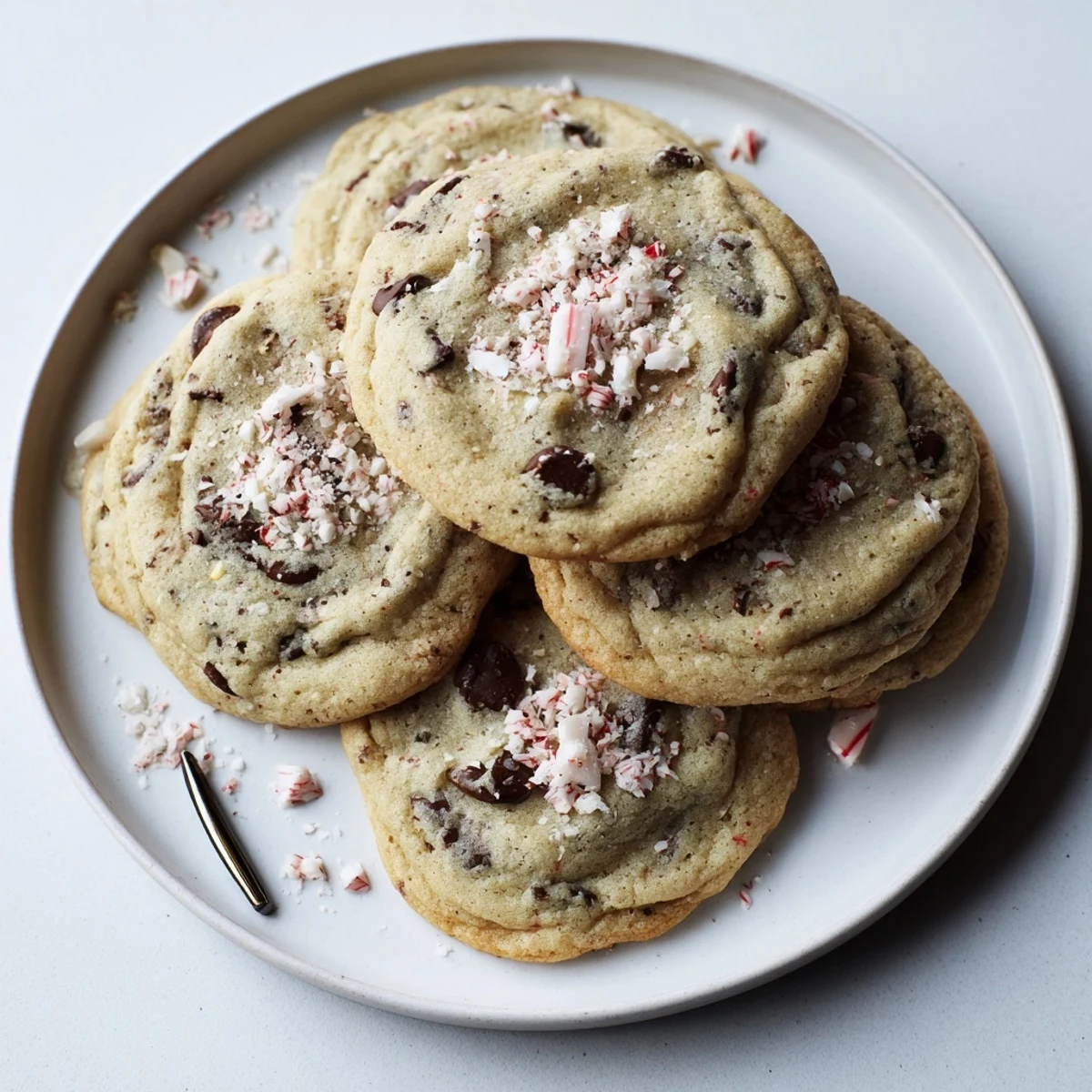 Stack of Peppermint Chocolate Chip Cookies, chewy centers, bright peppermint crunch