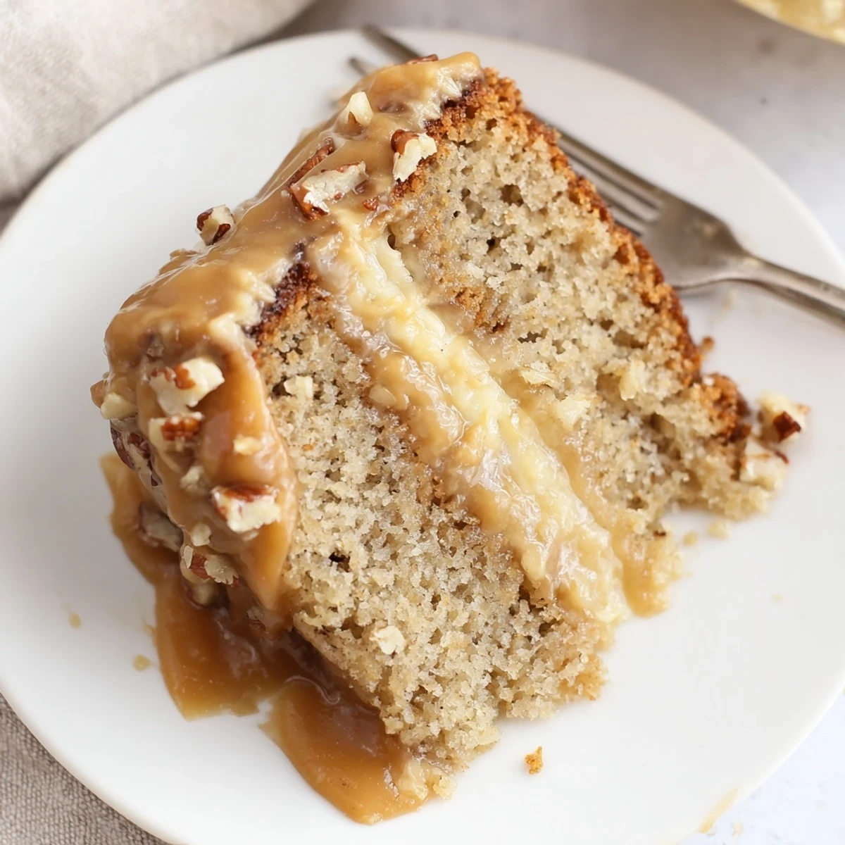 Warm Salted Caramel Brown Butter Banana Cake Recipe slice steaming on plate
