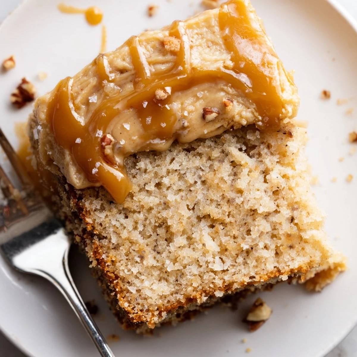 Salted Caramel Brown Butter Banana Cake Recipe with glossy caramel drizzle, flaky sea salt