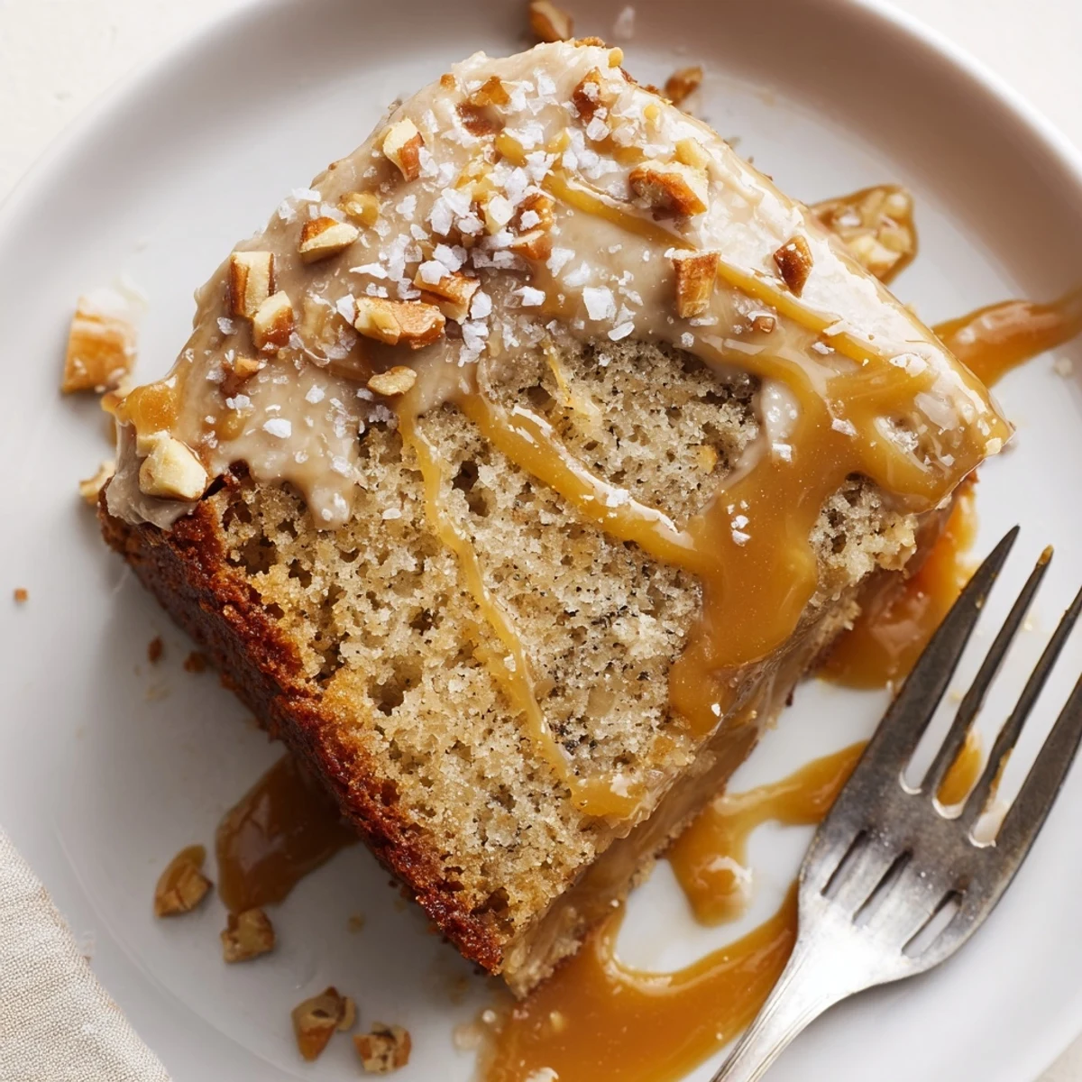 Moist Salted Caramel Brown Butter Banana Cake Recipe topped with toasted pecans