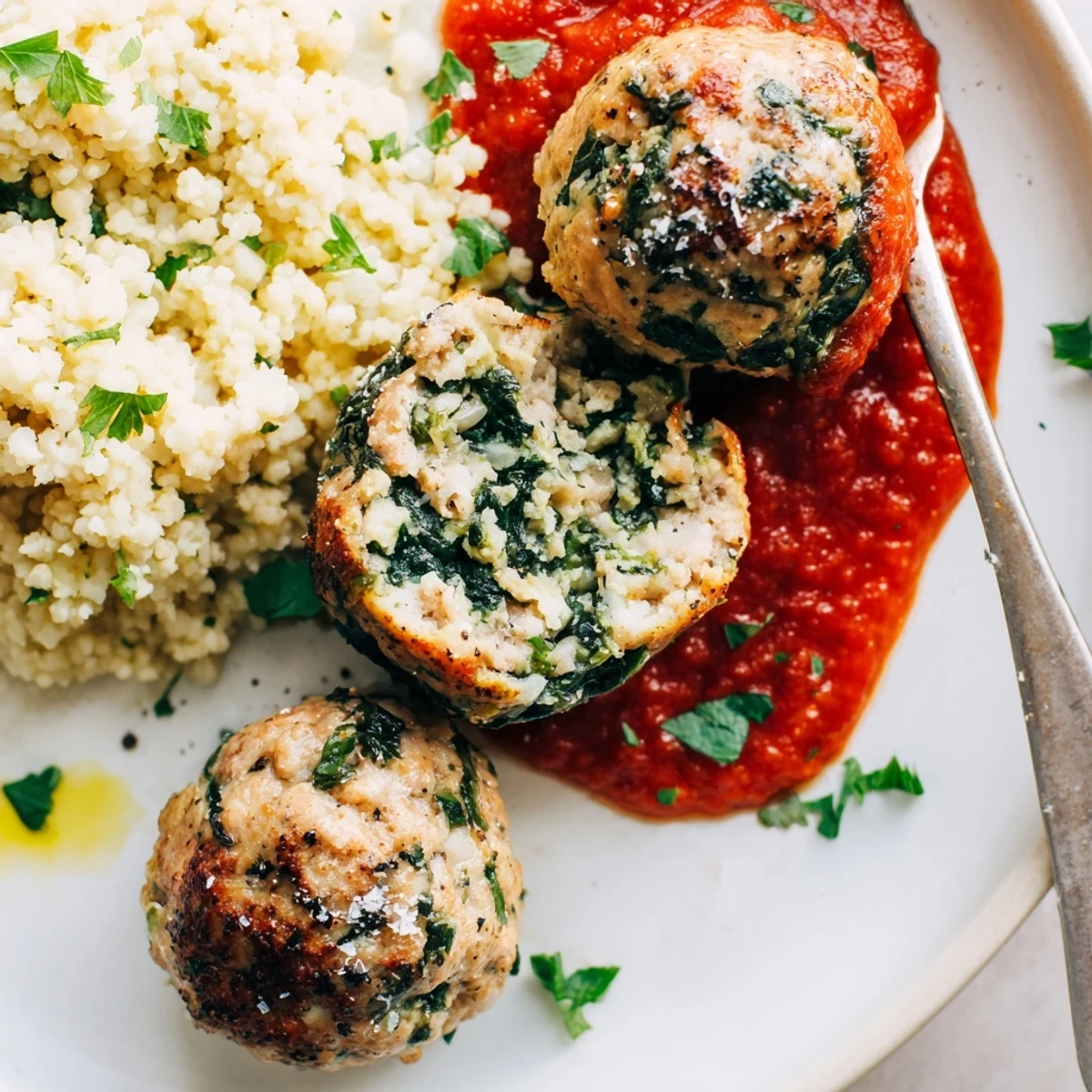 Low Carb Spinach Chicken Meatballs glistening golden, served with cauliflower rice