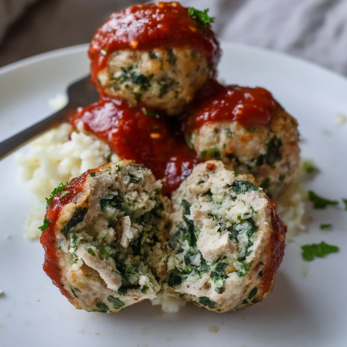 Warm Low Carb Spinach Chicken Meatballs resting on parchment, topped with parsley