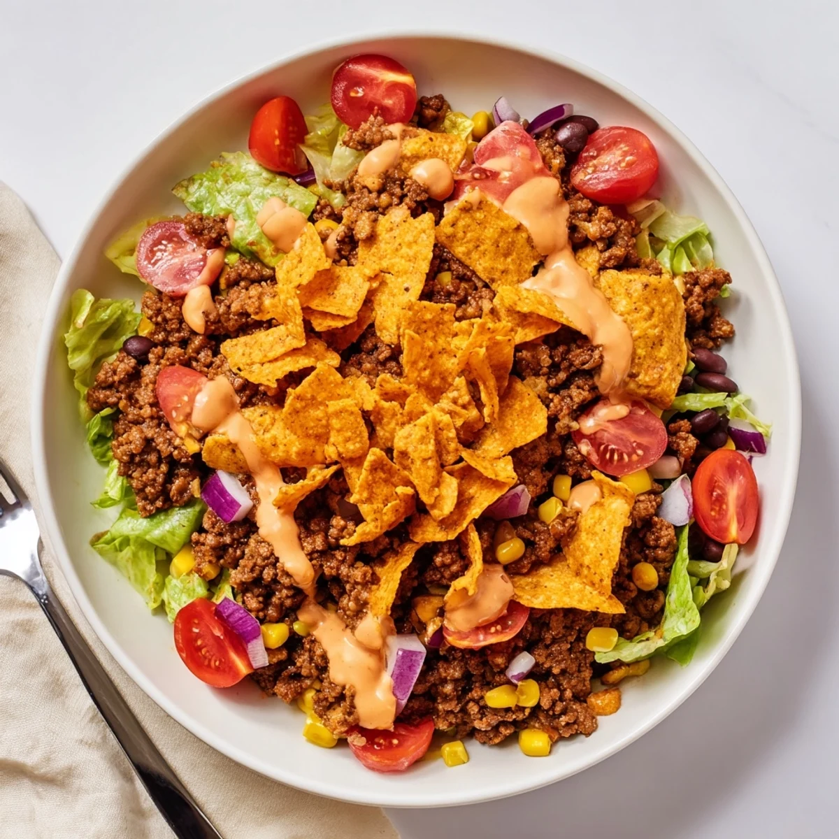 Simple Doritos Taco Salad with warm seasoned beef, crunchy chips, fresh lettuce