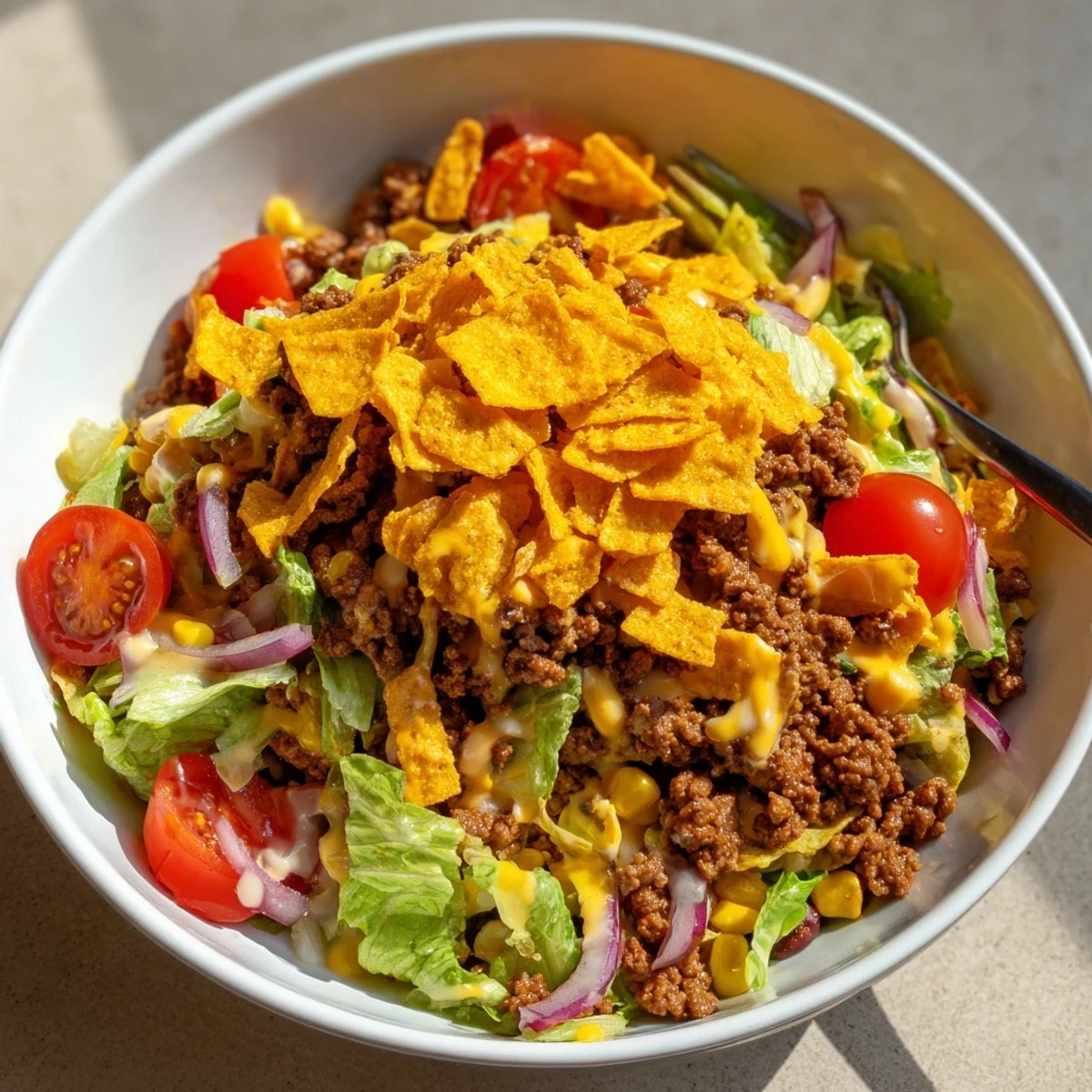 Piled high in a bowl, Simple Doritos Taco Salad with melting cheddar