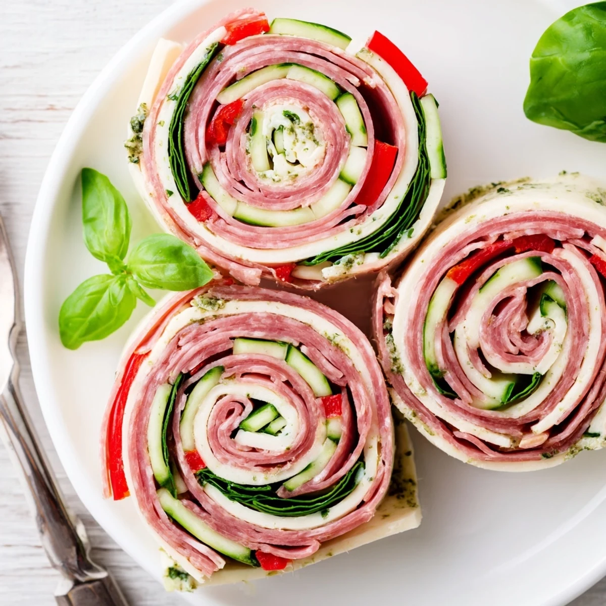 Italian Pinwheel Sandwiches arranged on platter, cream cheese swirl and colorful veggies