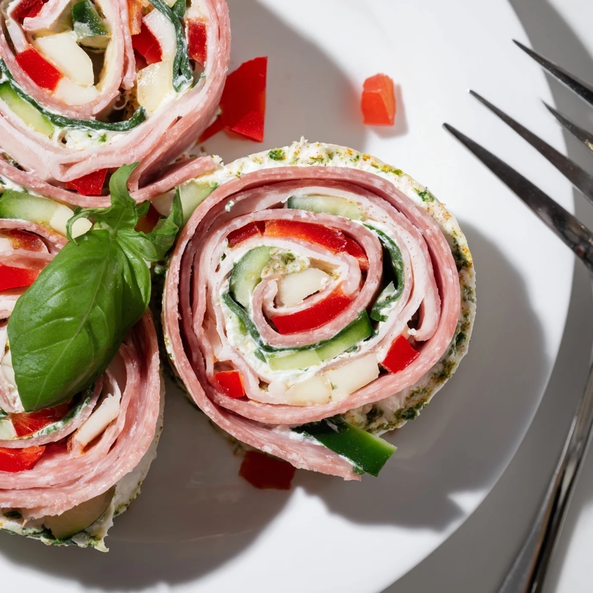 Savory Italian Pinwheel Sandwiches chilled on board, crunchy peppers and pesto aroma