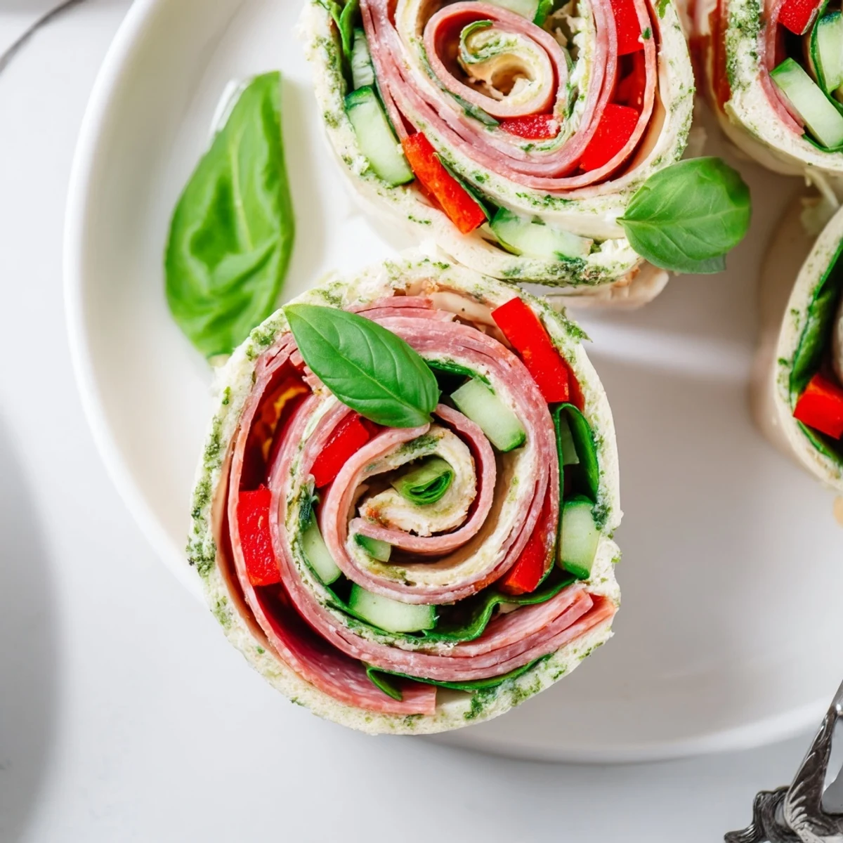 Bright, bite-sized Italian Pinwheel Sandwiches sliced neatly, basil garnish and creamy filling