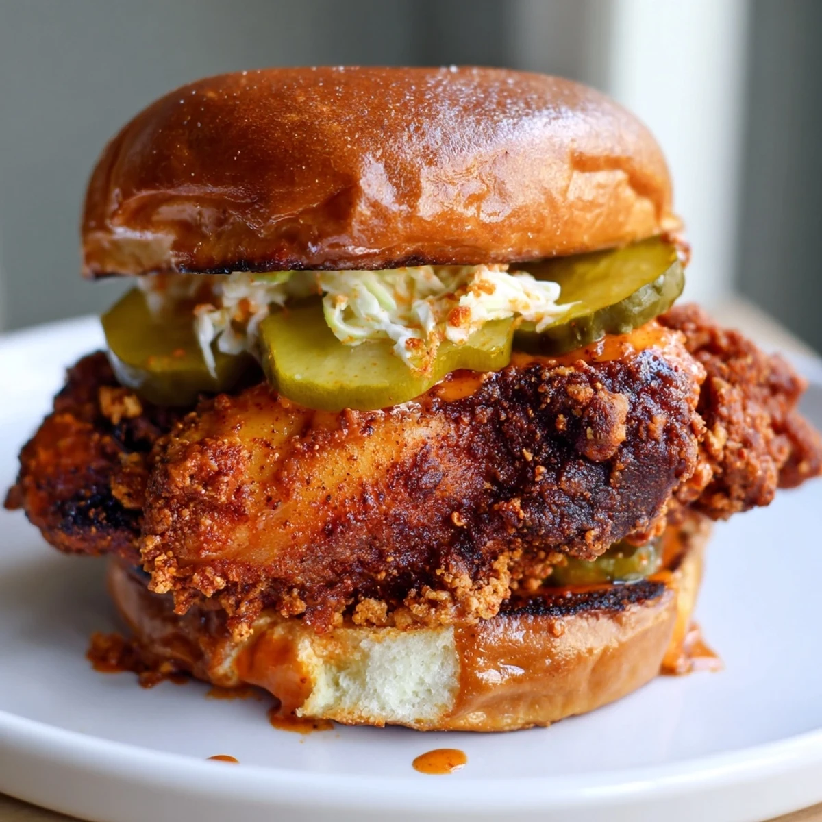 Spicy Nashville Hot Chicken Sandwiches Recipe To Savor topped with creamy slaw, tangy pickles