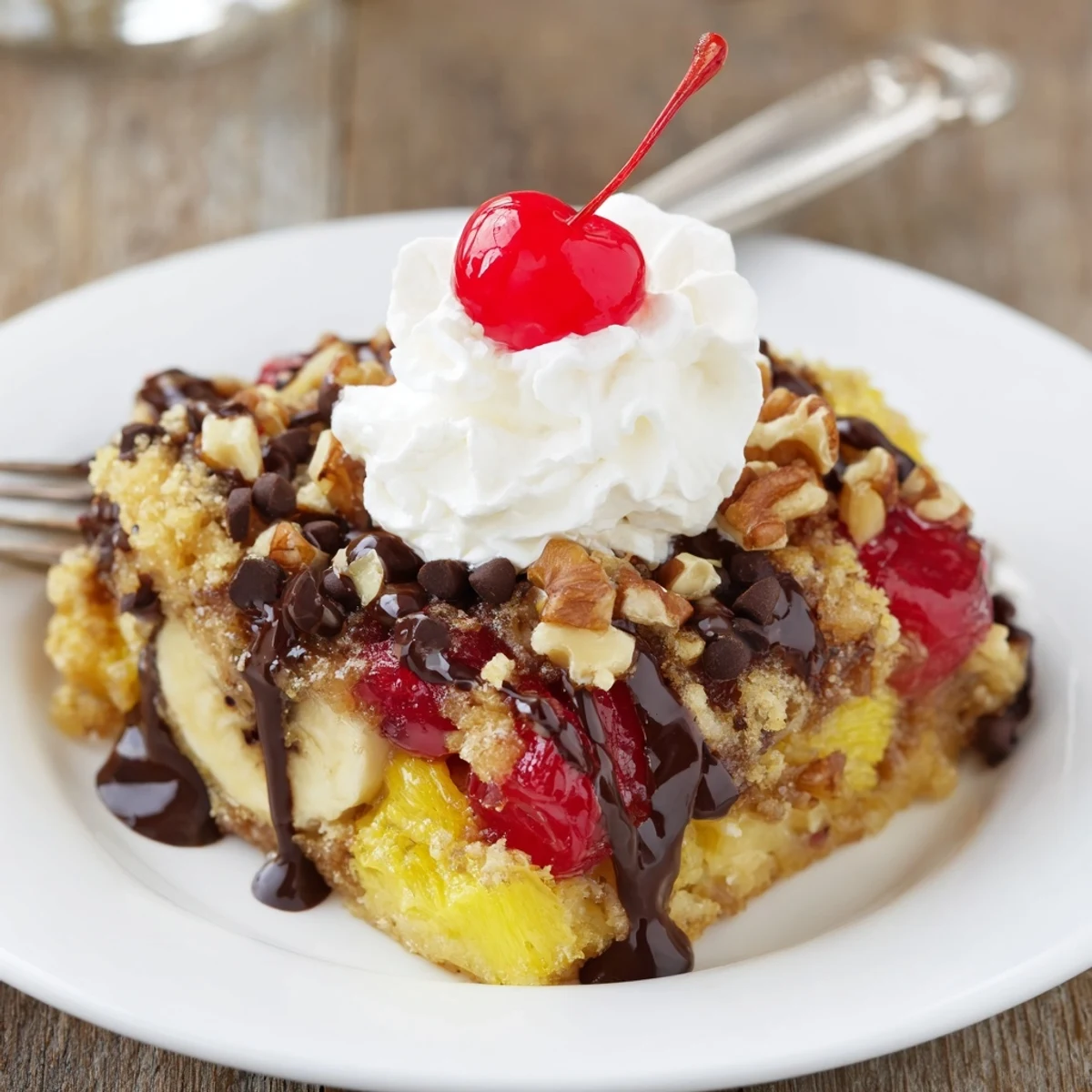 Warm Banana Split Dump Cake bubbling in dish with cherries and whipped cream