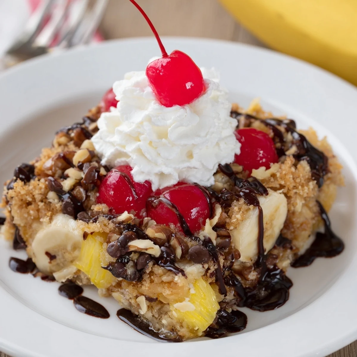 Creamy vanilla ice cream crowning Banana Split Dump Cake with chocolate drizzle
