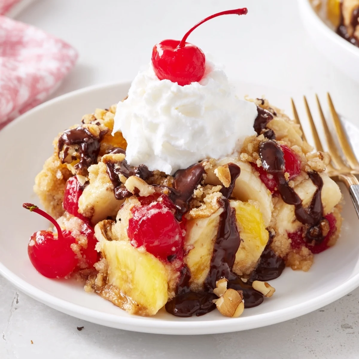 Sliced bananas and pineapple peeking through golden Banana Split Dump Cake