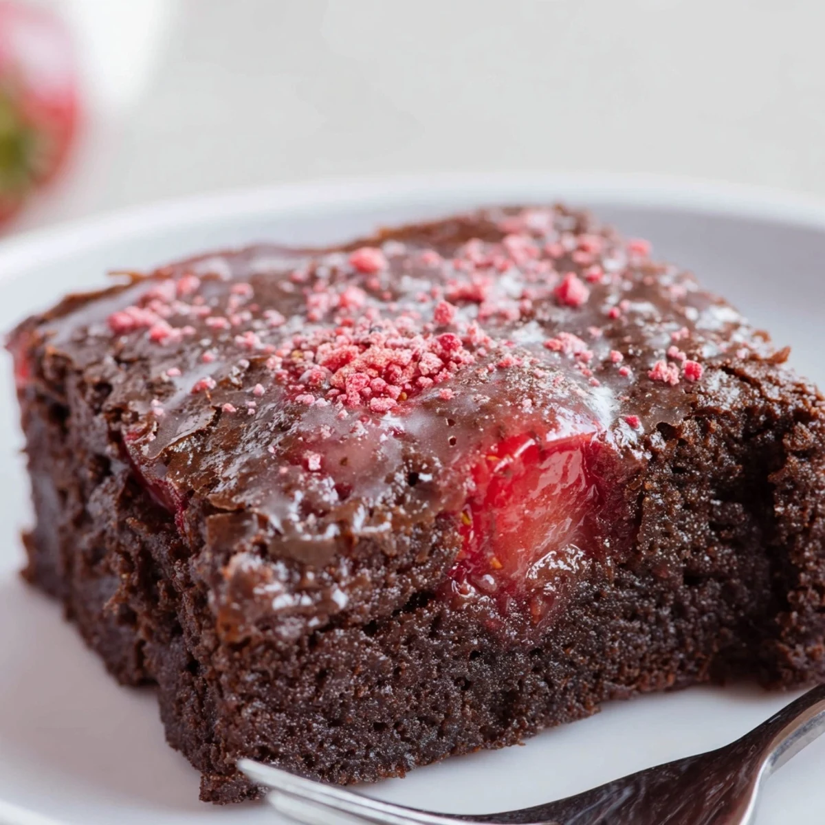 Strawberry Brownies Recipe: fudgy squares glazed with pink strawberry icing, sliced.