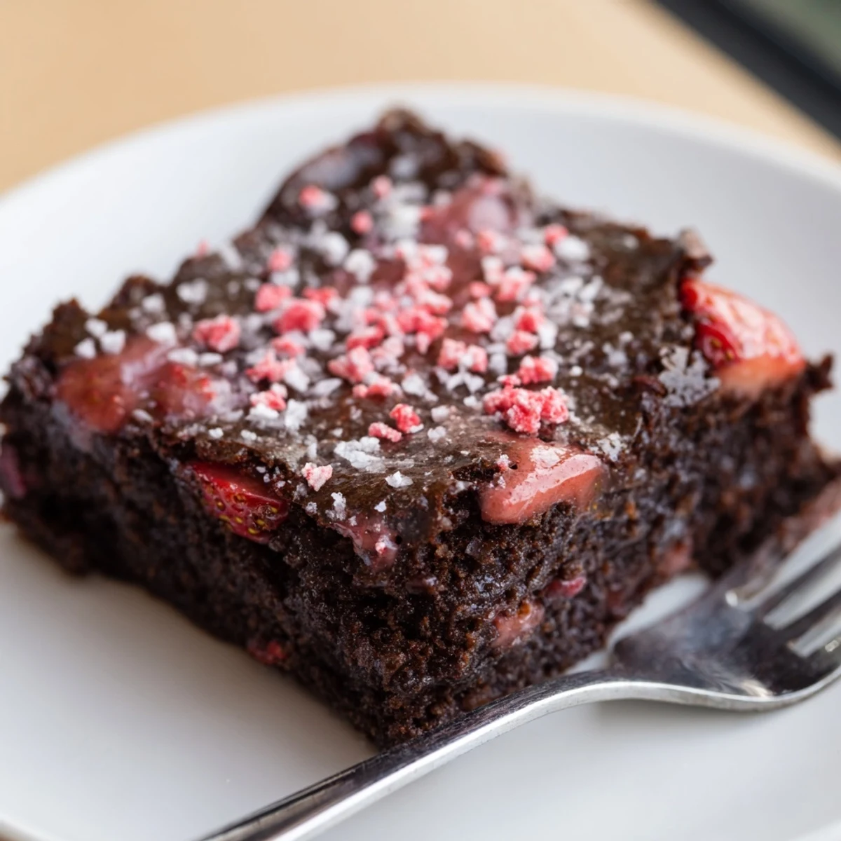 A plate of warm Strawberry Brownies Recipe squares with fresh strawberries.