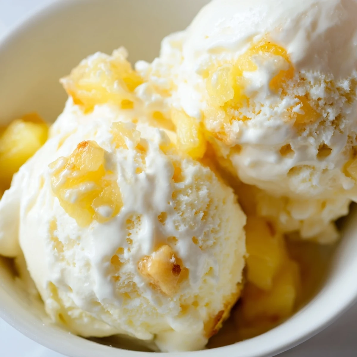 Scoops of Creamy Pineapple Ice Cream melting slightly, bright tropical aroma