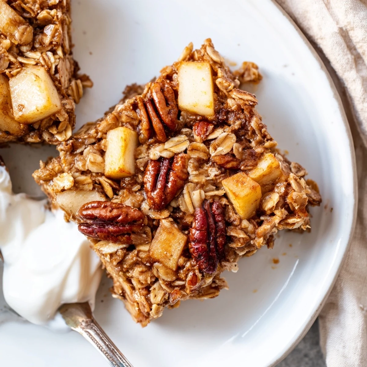 Warm slices of Delicious Apple Cinnamon Oatmeal Bake Recipe For Mornings with cinnamon sugar