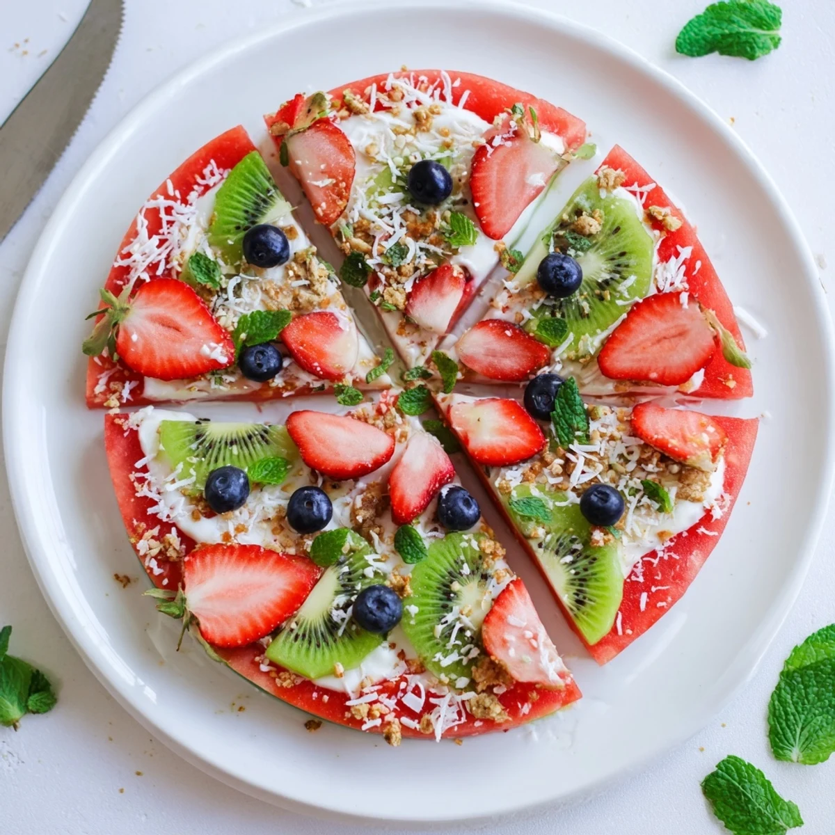 Colorful watermelon pizza topped with creamy yogurt, fresh berries, kiwi, and mint on a round slice.