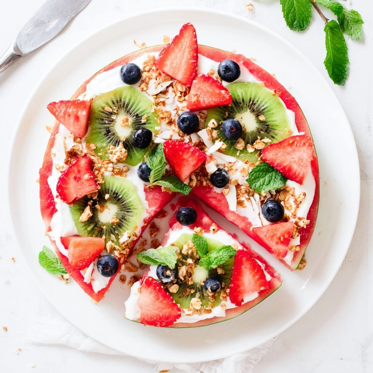 Fresh watermelon pizza dessert with Greek yogurt spread, strawberries, blueberries, coconut, and granola toppings.