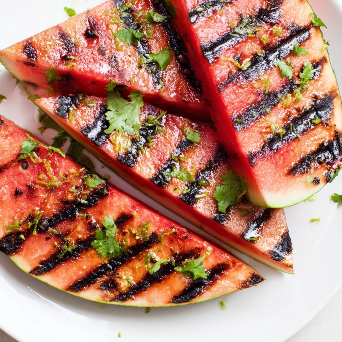 Golden grilled watermelon wedges topped with fresh cilantro and bright lime zest on a white serving platter