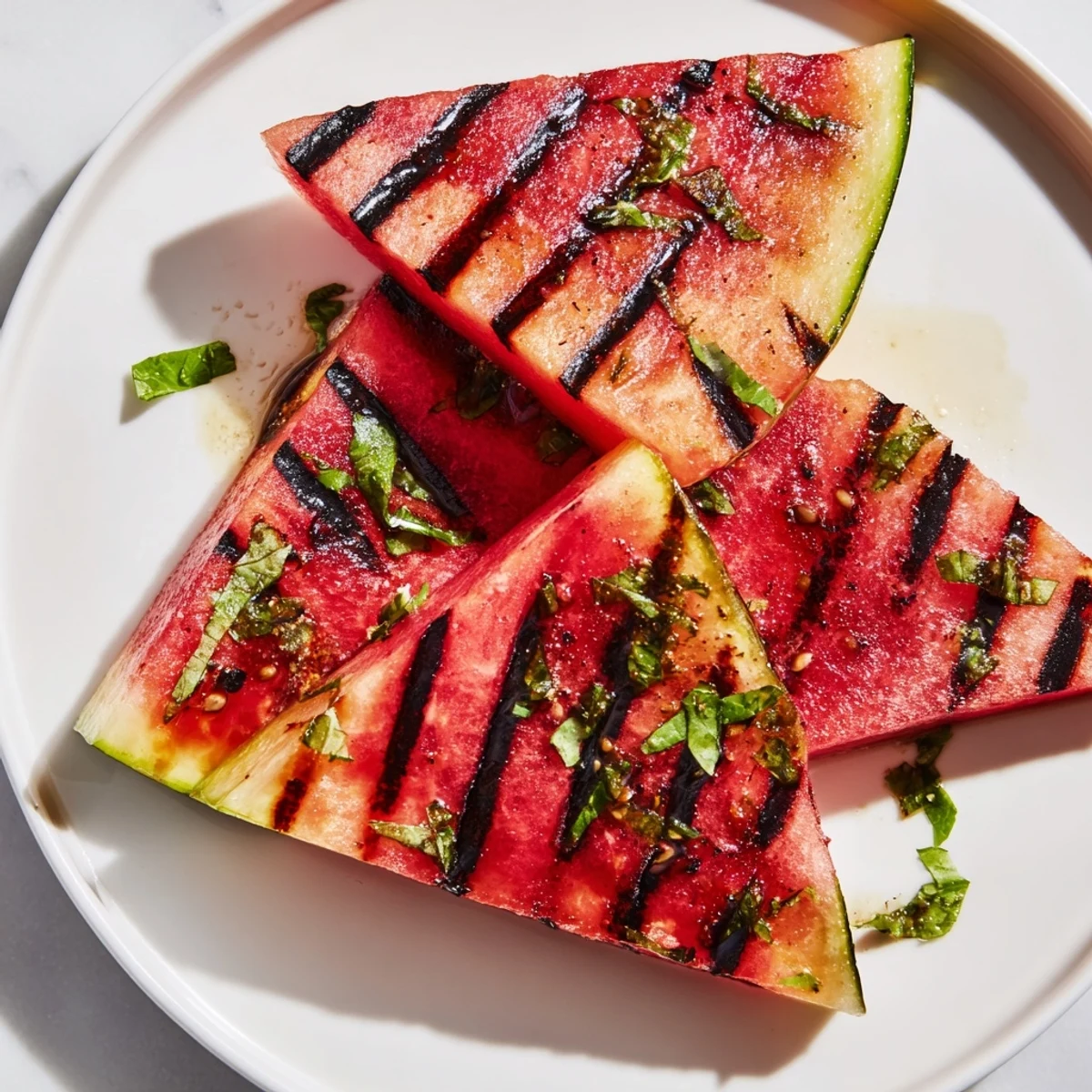Smoky charred watermelon slices drizzled with tangy lime juice and sprinkled with green chopped cilantro for summer