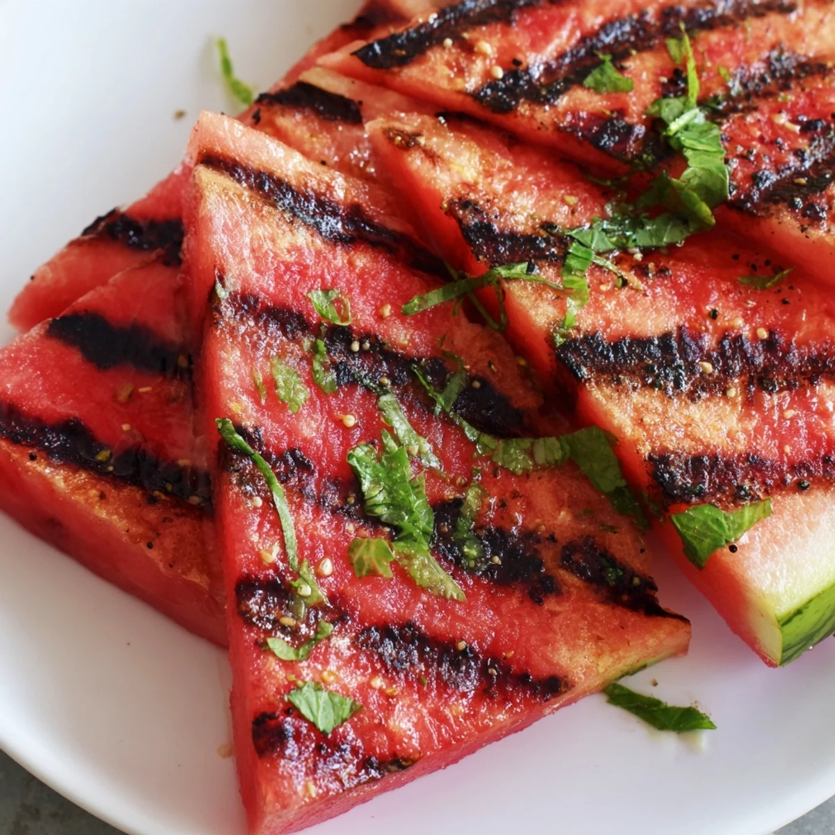 Cilantro lime grilled watermelon recipe showing caramelized grill marks on red fruit garnished with zesty lime and herbs