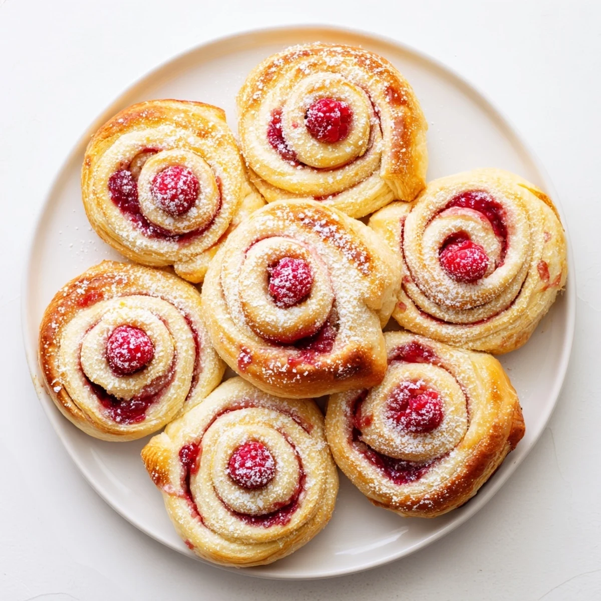 Golden raspberry puff pastry rolls fresh from oven with powdered sugar dusting