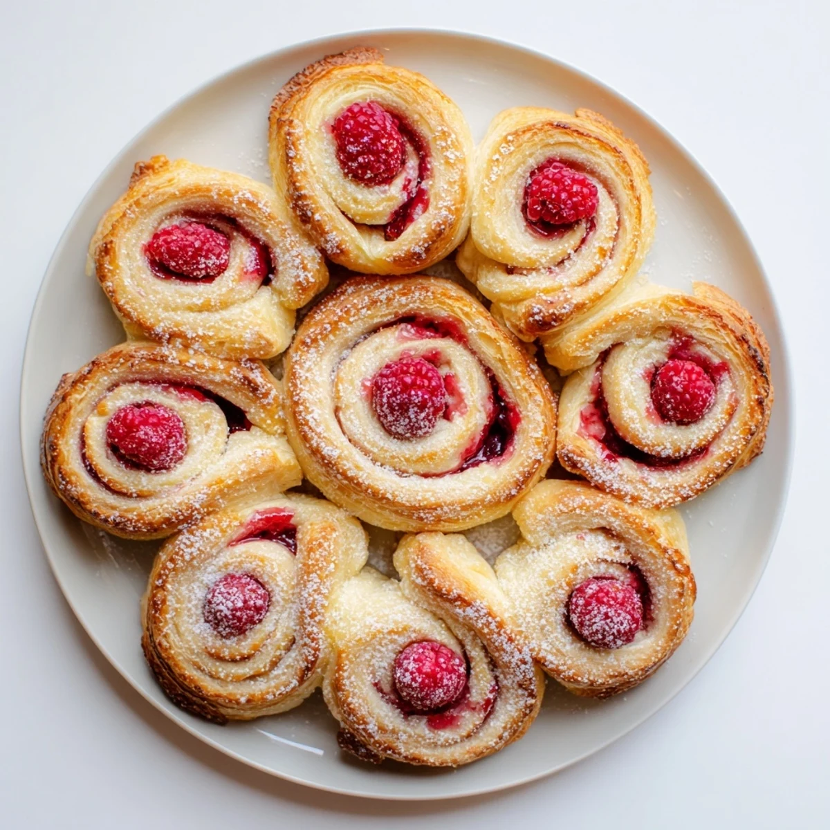 Raspberry puff pastry rolls arranged on baking tray featuring visible red swirls