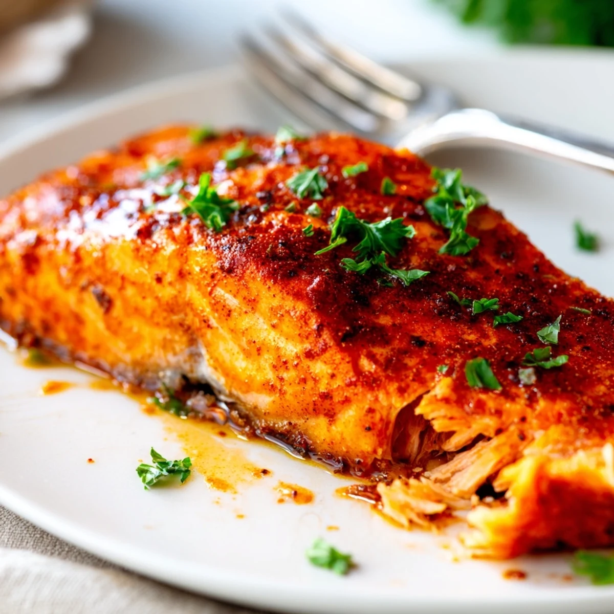 Oven-baked salmon featuring a reddish-brown Cajun spice rub topped with glistening honey butter glaze and green parsley sprinkles