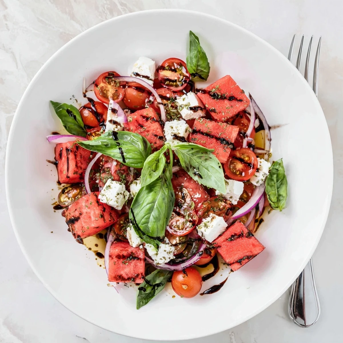 Summer salad featuring smoky charred watermelon, cherry tomatoes, red onion, and salty feta cheese garnished with basil