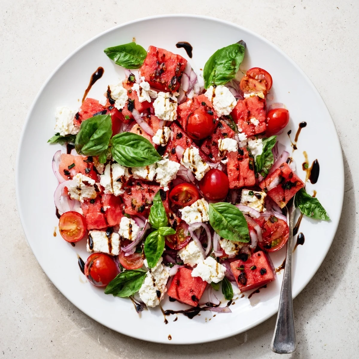 Golden grilled watermelon cubes with crumbled feta and fresh basil leaves arranged on a white serving platter