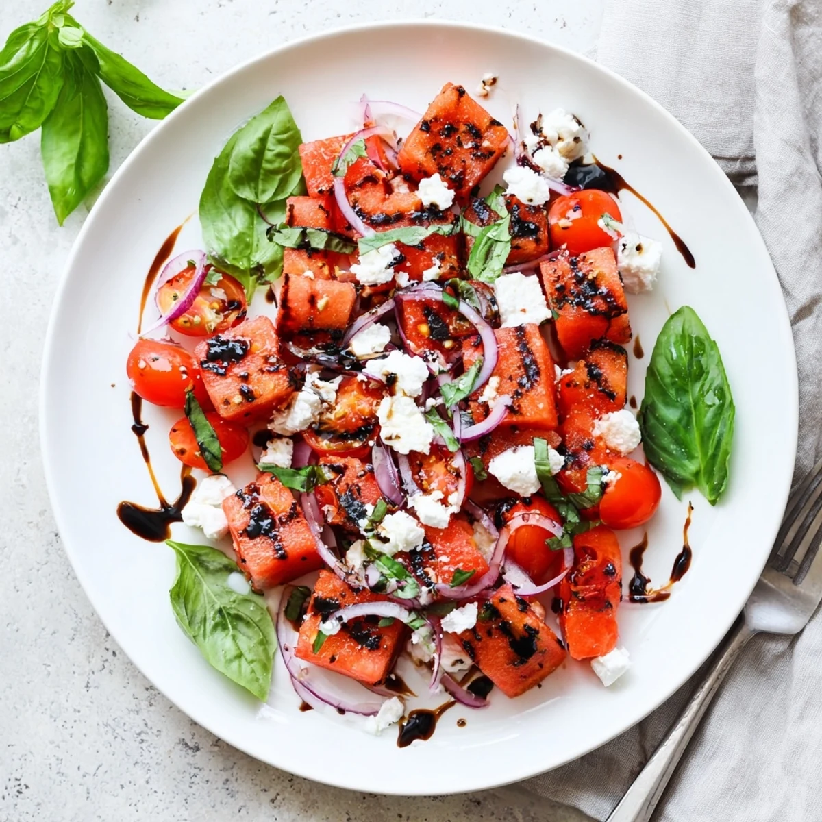 Vibrant bowl of Mediterranean grilled watermelon and feta salad drizzled with balsamic glaze and lime juice